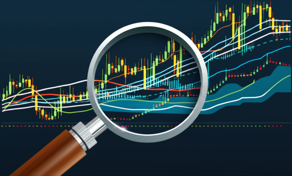 ภาพประกอบแว่นขยายส่องกราฟ Forex เผยแนวโน้มและรูปแบบที่ซ่อนอยู่ พร้อมเส้นตัวชี้วัดหลากหลาย