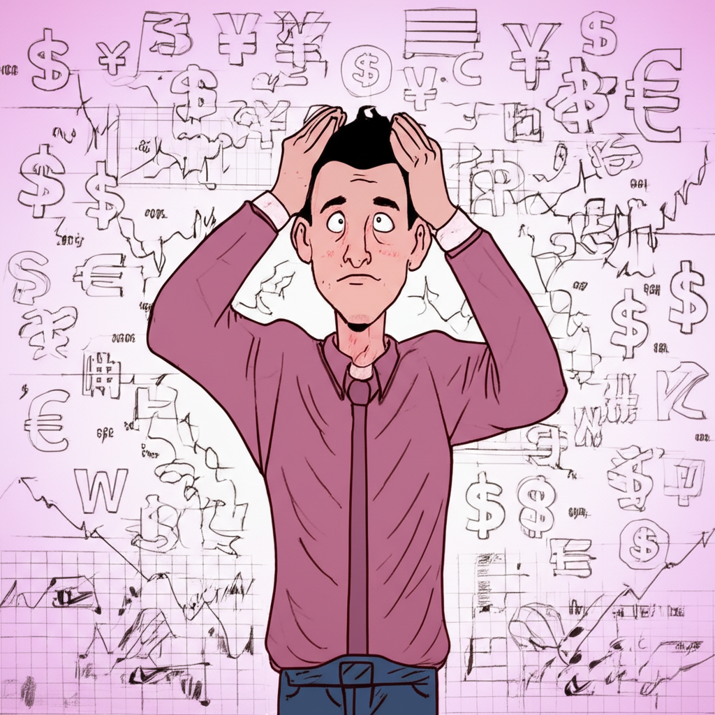 Illustration of confused Thai investor looking at abstract stock charts and currency symbols