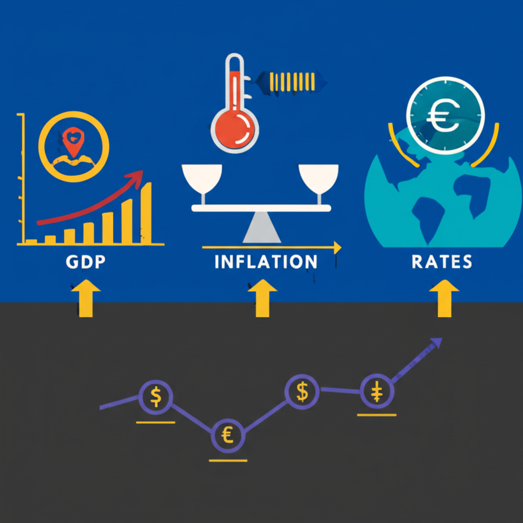 ภาพประกอบตัวชี้วัดทางเศรษฐกิจ GDP เงินเฟ้อ อัตราดอกเบี้ย และเหตุการณ์ภูมิรัฐศาสตร์ที่ส่งผลต่ออัตราแลกเปลี่ยน