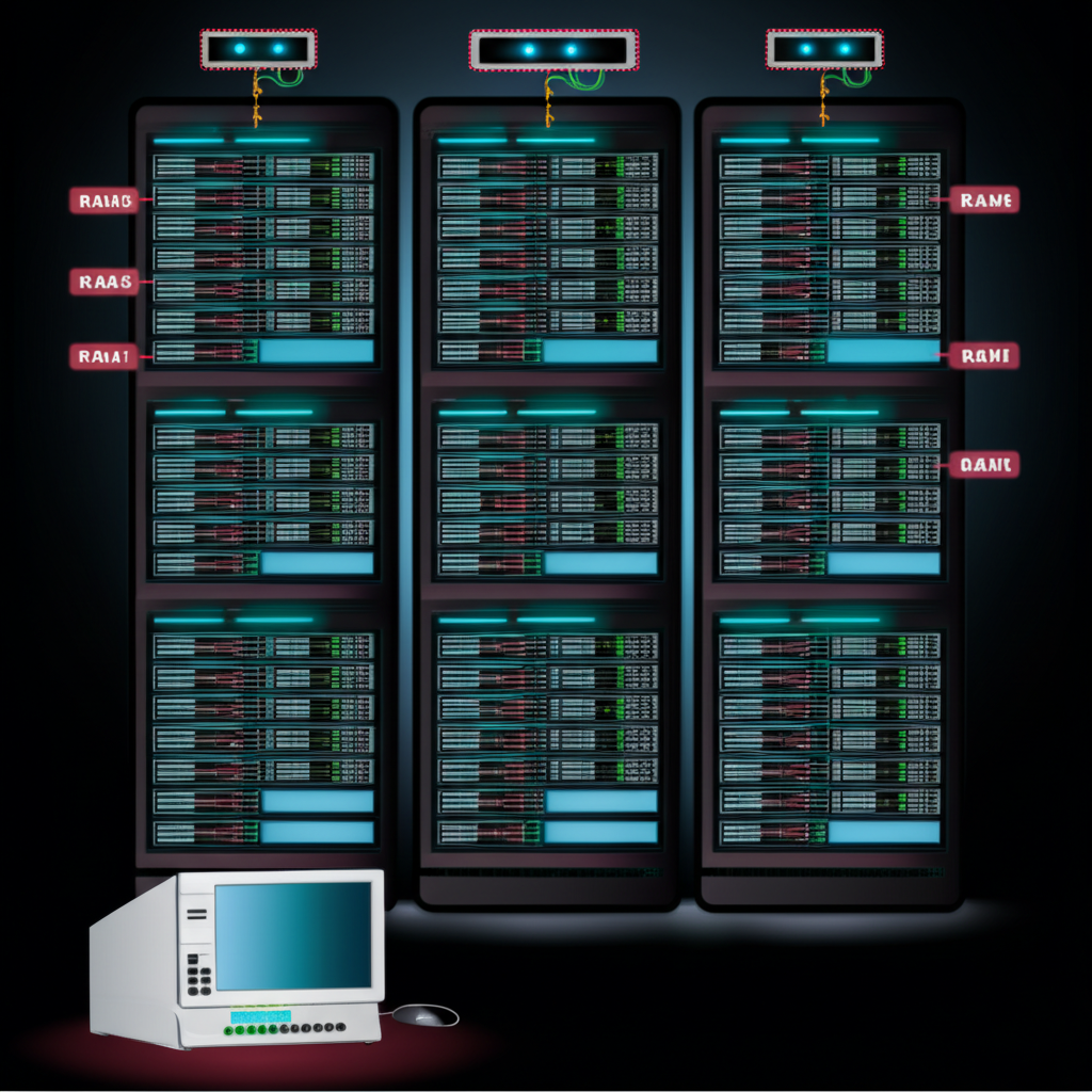 ภาพประกอบชั้นวางเซิร์ฟเวอร์ขนาดใหญ่ที่แบ่งเป็นส่วนย่อยๆ แต่ละส่วนมีทรัพยากรเฉพาะอย่าง RAM CPU และ SSD พร้อมคอมพิวเตอร์ขนาดเล็กที่ทำงานต่อเนื่อง