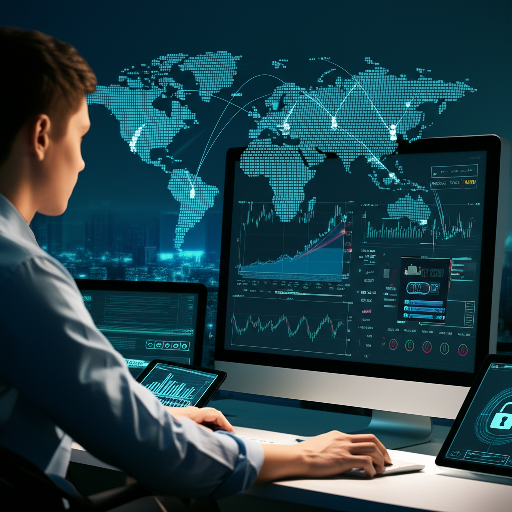 ภาพประกอบคนกำลังเทรด Forex บนคอมพิวเตอร์พร้อมแผนที่โลกในพื้นหลังที่เชื่อมต่อกับประเทศไทยและอินเทอร์เฟซเข้าสู่ระบบที่ปลอดภัย