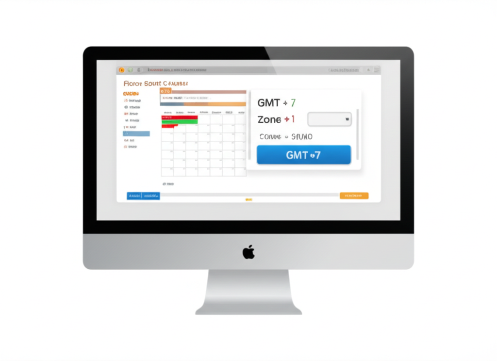 ภาพประกอบบุคคลกำลังตั้งค่าโซนเวลาเป็น GMT+7 บนหน้าจอคอมพิวเตอร์ที่แสดงปฏิทินฟอเร็กซ์