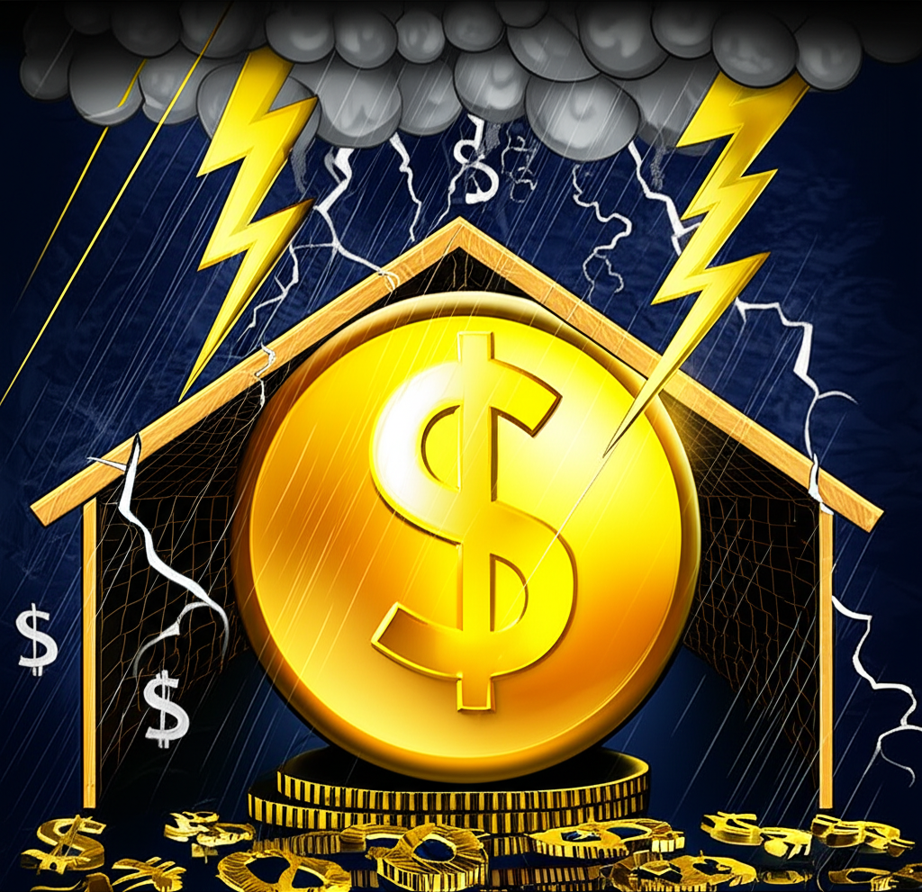 ภาพประกอบเหรียญทองคำเป็นที่หลบภัยจากพายุเศรษฐกิจและความเสี่ยงทางภูมิรัฐศาสตร์พร้อมสัญลักษณ์ดอลลาร์