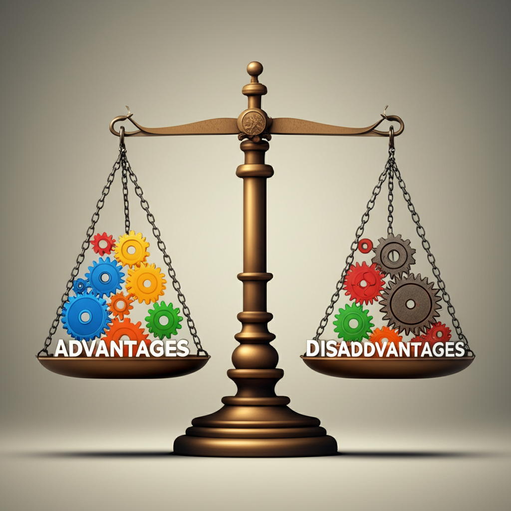 ภาพประกอบตาชั่งสมดุลแสดงข้อดีและข้อเสียของบอทเทรด Forex พร้อมเฟืองกลไก