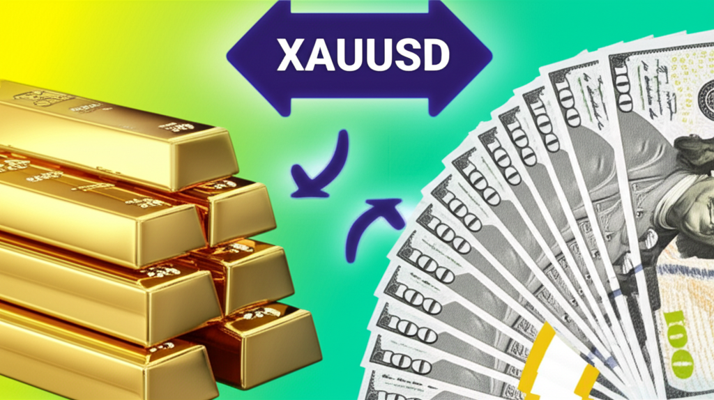 Illustration explaining XAUUSD with gold bars and US dollar banknotes showing their inverse relationship