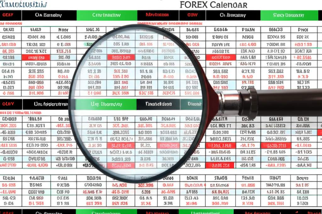 illustration of a detailed forex calendar showing various economic data points and a magnifying glass