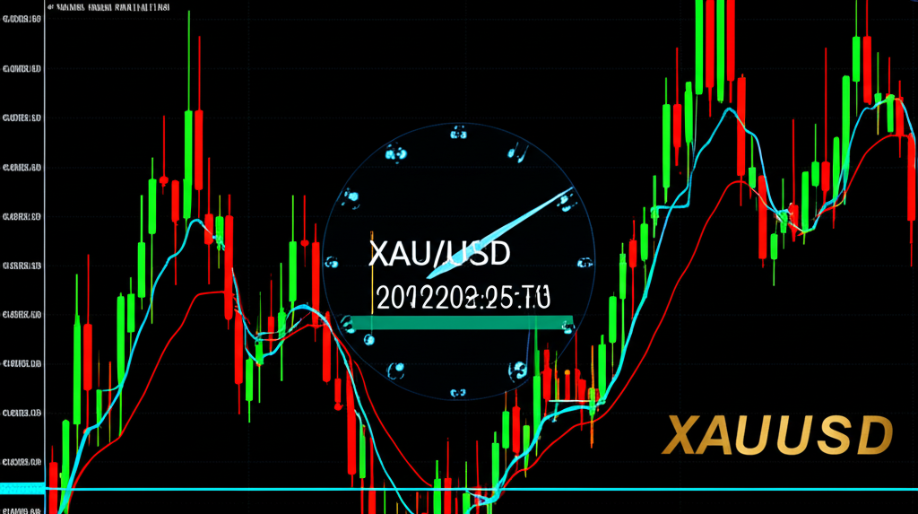 ภาพประกอบกราฟ XAUUSD แบบเรียลไทม์พร้อมรูปแบบแท่งเทียนและนาฬิกาดิจิทัลที่แสดงการอัปเดตต่อเนื่อง