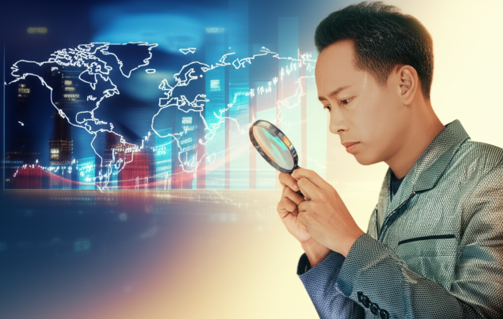 ภาพประกอบนักลงทุนไทยกำลังวิเคราะห์กราฟทองคำด้วยแว่นขยาย ท่ามกลางพื้นหลังตลาดการเงินโลก