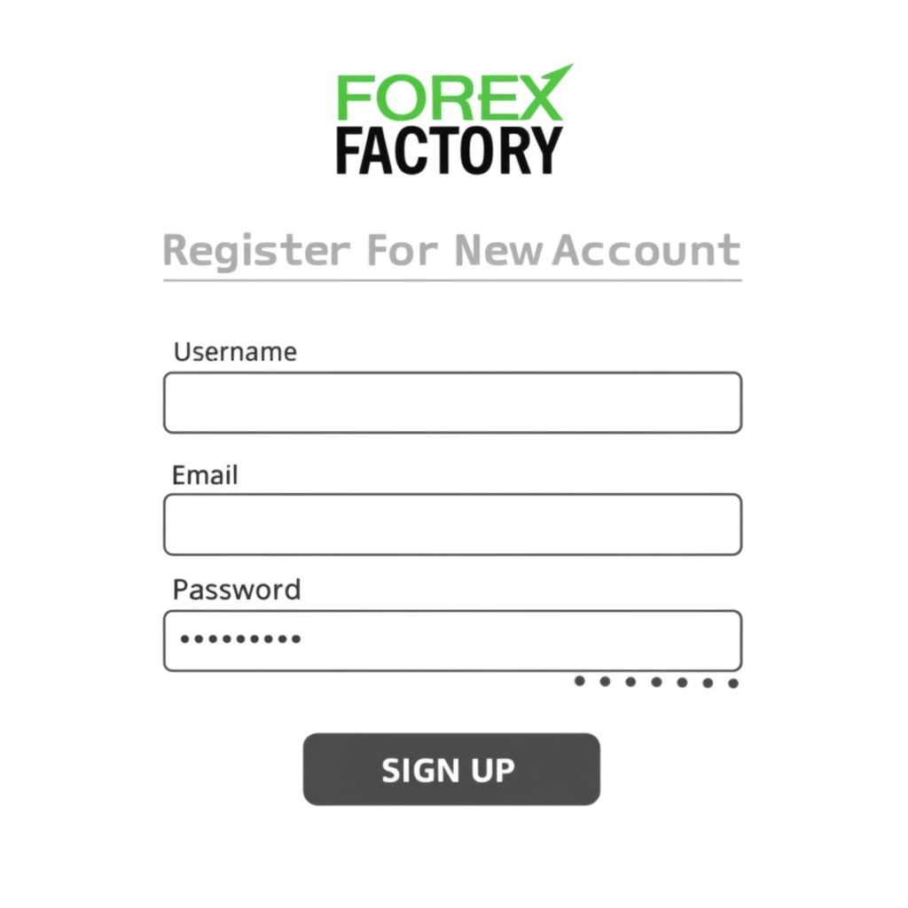 ภาพประกอบผู้ใช้กำลังลงทะเบียนบัญชี Forex Factory ใหม่ โดยกรอกชื่อผู้ใช้ อีเมล และรหัสผ่าน