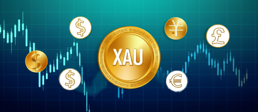 Illustration of a golden coin with XAUUSD symbol surrounded by global currencies and a safe haven concept in a financial market