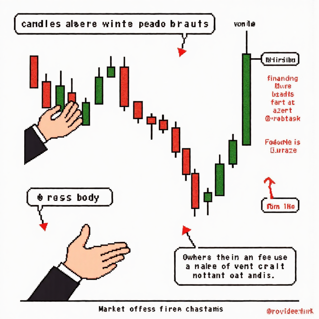 ภาพประกอบแฟนตาซีที่จับภาพส่วนประกอบของกราฟแท่งเทียน เช่น ลำตัวและไส้เทียน นำเสนออย่างชัดเจนเพื่อการศึกษา พร้อมกลิ่นอายของการเติบโตทางการเงินและความเข้าใจตลาด