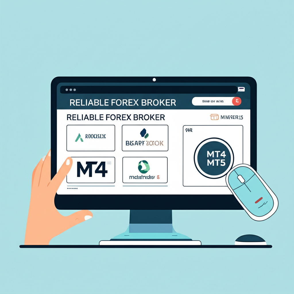 ภาพประกอบของบุคคลกำลังเลือกโบรกเกอร์ Forex ที่น่าเชื่อถือบนหน้าจอคอมพิวเตอร์พร้อมไอคอนแพลตฟอร์ม MT4 และ MT5
