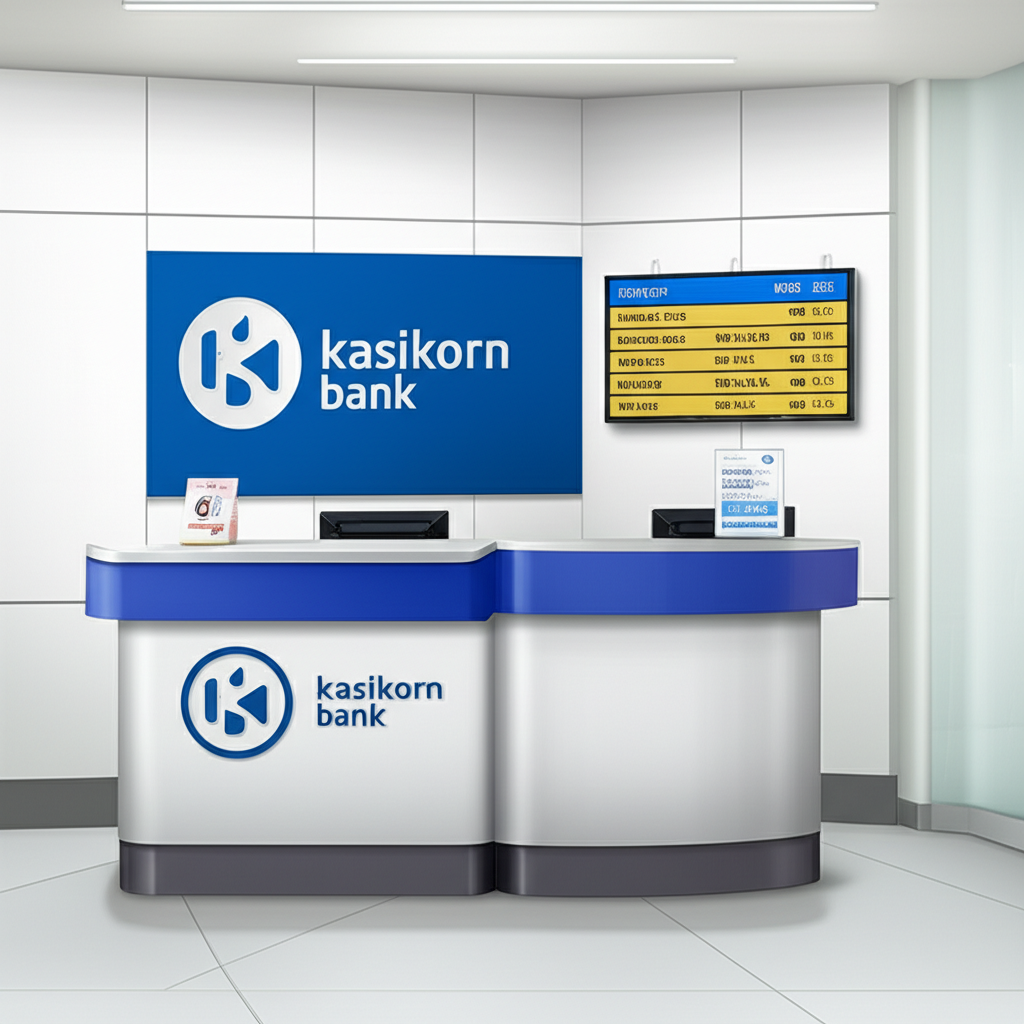 ภาพประกอบเคาน์เตอร์แลกเปลี่ยนสกุลเงินพร้อมแบรนด์กสิกรไทยและกระดานอัตรา