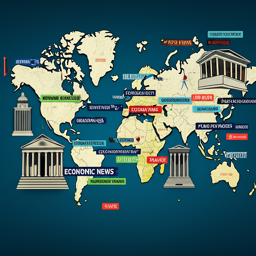 illustration of a world map with economic news headlines and central bank buildings