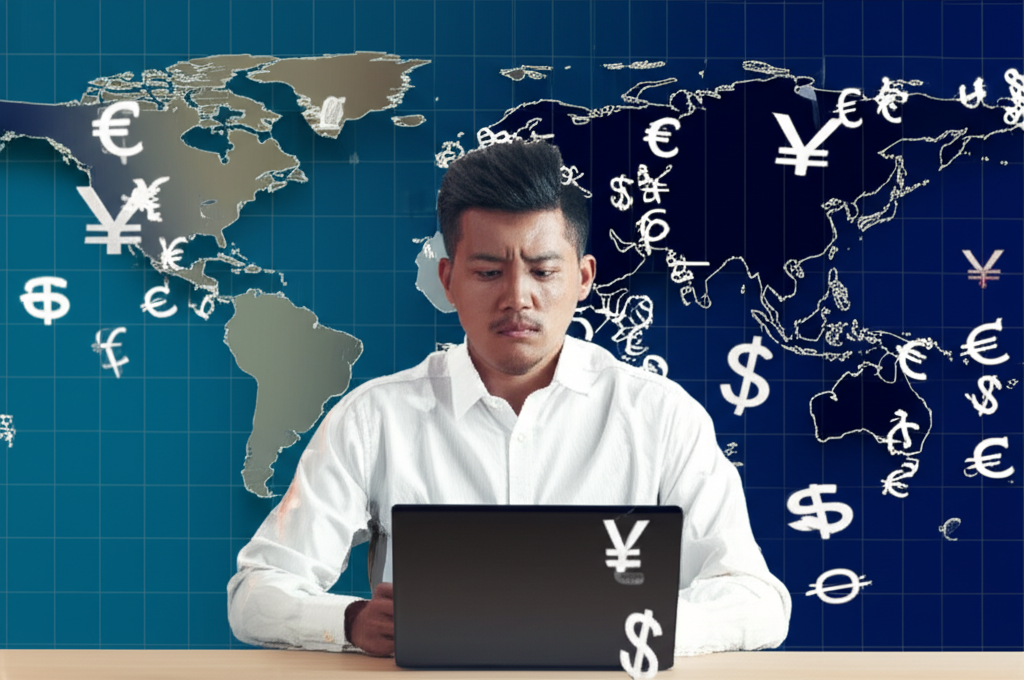 ภาพประกอบของบุคคลกำลังศึกษาการเทรด Forex กับพื้นหลังแผนที่โลกและสัญลักษณ์สกุลเงินทั่วโลกไหลเวียนรอบตัว
