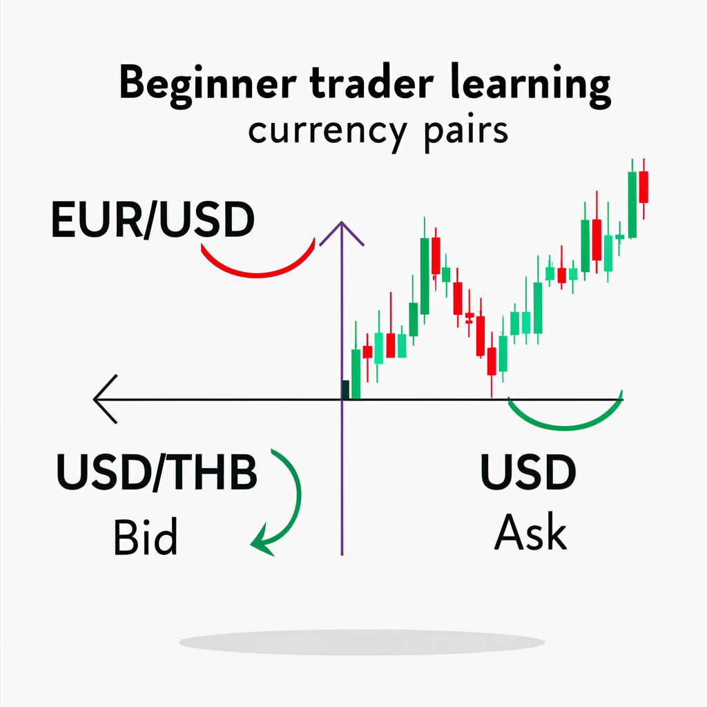 ภาพประกอบนักเทรดมือใหม่เรียนรู้คู่สกุลเงิน EUR/USD USD/THB กราฟราคา Bid Ask