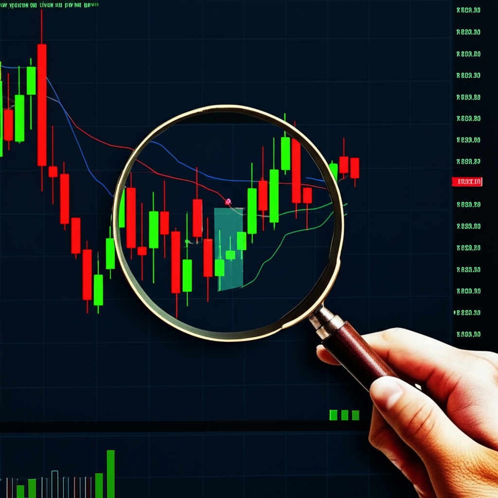 แว่นขยายกำลังตรวจสอบกราฟ Forex เผยร่องรอยที่ซ่อนเร้นจาก Smart Money ในรูปแบบ FVG