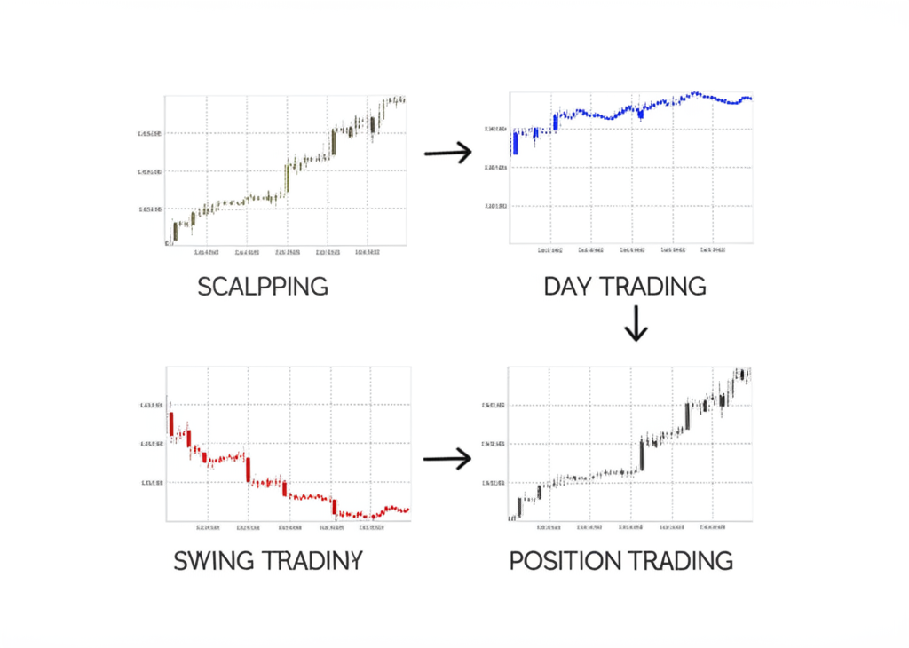 illustration showing four distinct trading scenarios representing scalping day swing and position trading