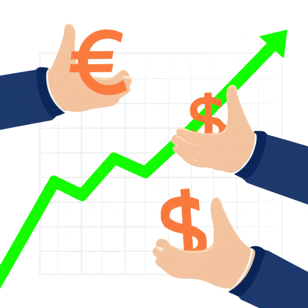 ภาพประกอบมือถือสัญลักษณ์สกุลเงิน EUR และ USD บนกราฟการเทรดที่แสดงการเคลื่อนไหวขึ้น