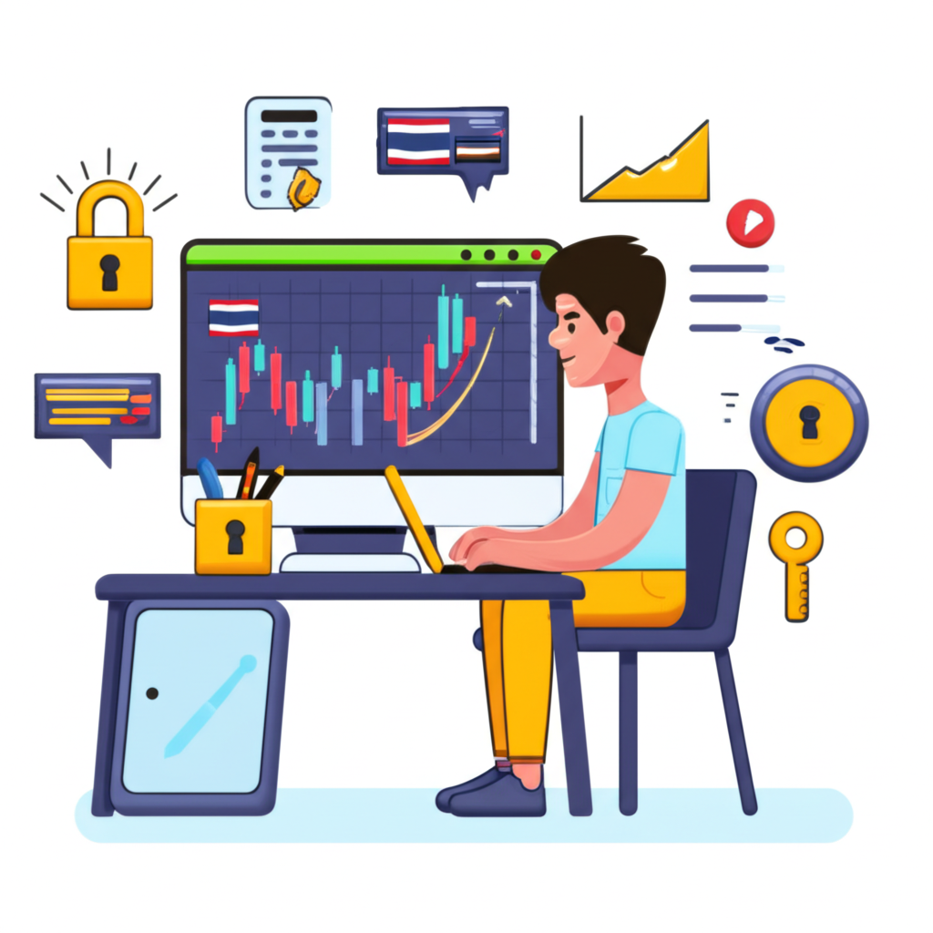 Illustration of a Thai trader confidently analyzing a gold chart with various financial tools and a secure feeling