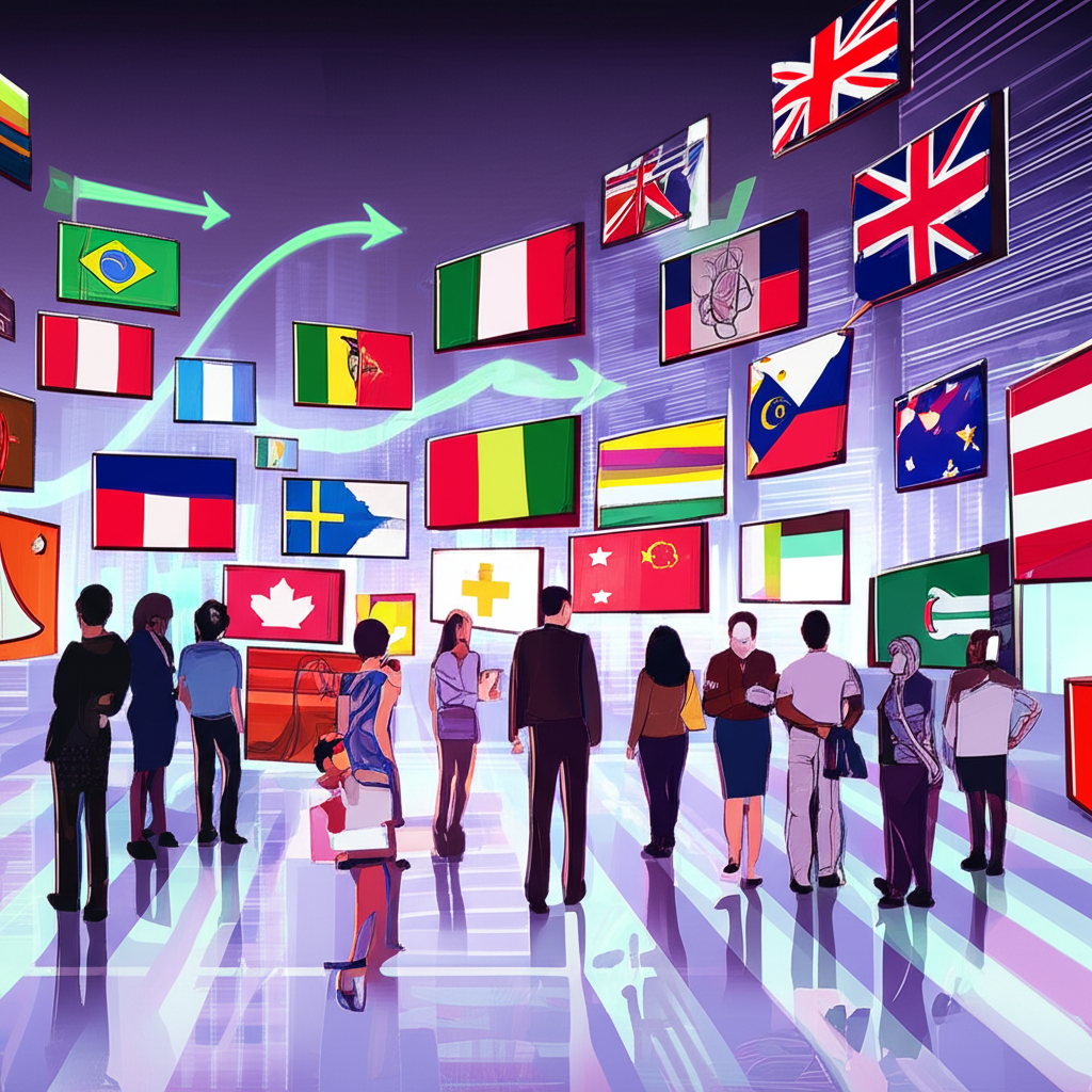 ภาพประกอบตลาดแลกเปลี่ยนเงินตราต่างประเทศทั่วโลกพร้อมธงชาติและการไหลเวียนของเงิน