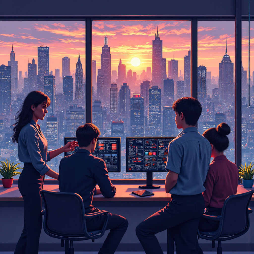 An overhead view illustration of diverse traders interacting with holographic market data screens displaying sentiment analysis tools against a backdrop of a bustling city skyline at dawn