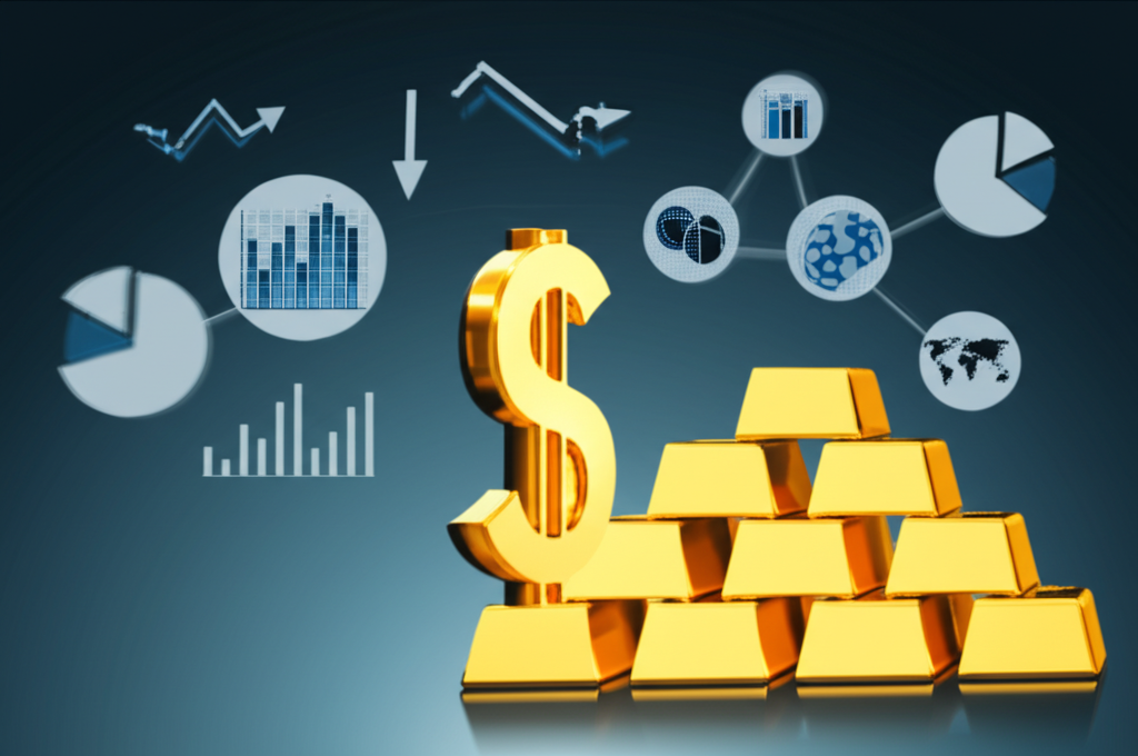 ภาพประกอบแท่งทองคำกองข้างสัญลักษณ์ดอลลาร์สหรัฐ พร้อมตัวชี้วัดเศรษฐกิจโลกที่ลอยรอบๆ