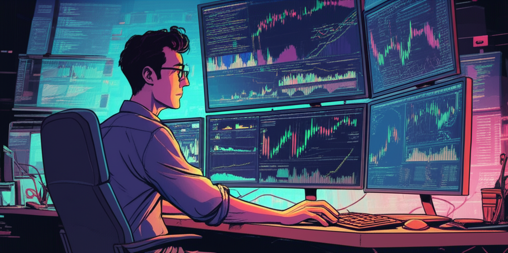 ภาพประกอบนักลงทุนที่กำลังนำทางในตลาด Forex ที่ซับซ้อน พร้อมกราฟและตัวชี้วัดบนหน้าจอในสไตล์ดิจิทัลที่สดใส