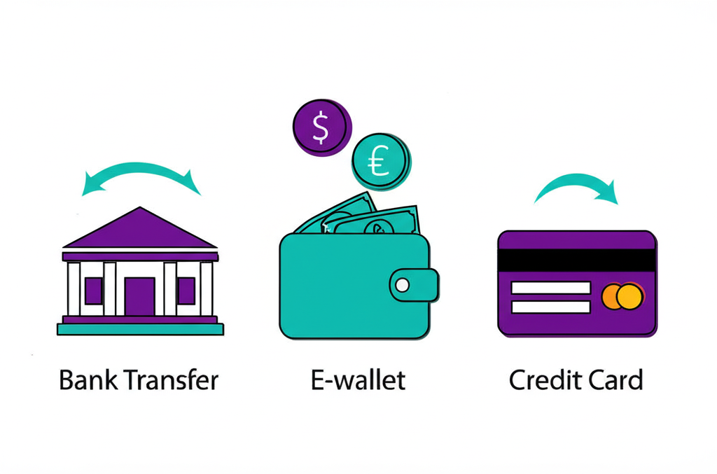 ภาพประกอบตัวเลือกการถอนเงิน Forex เช่น โอนเงินธนาคาร กระเป๋าเงินอิเล็กทรอนิกส์ และบัตรเครดิต