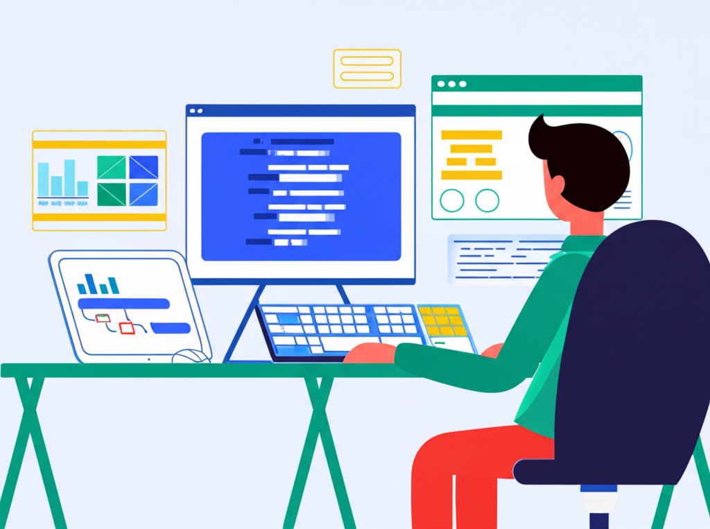 ภาพประกอบนักพัฒนากำลังทำงานบนแพลตฟอร์มเว็บที่ซับซ้อนด้วยหน้าจอหลายตัว