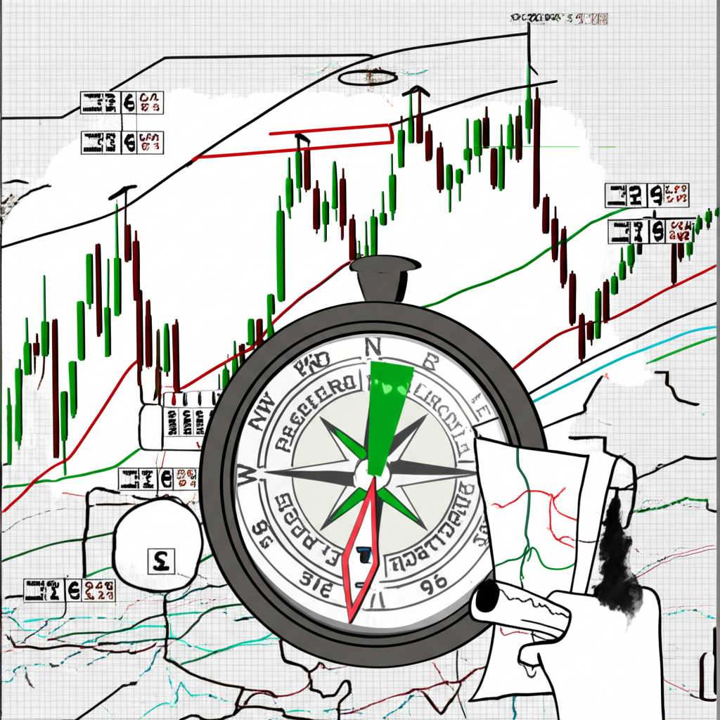 illustration of a person navigating a complex financial chart with a compass and map symbolizing forex strategy and risk management