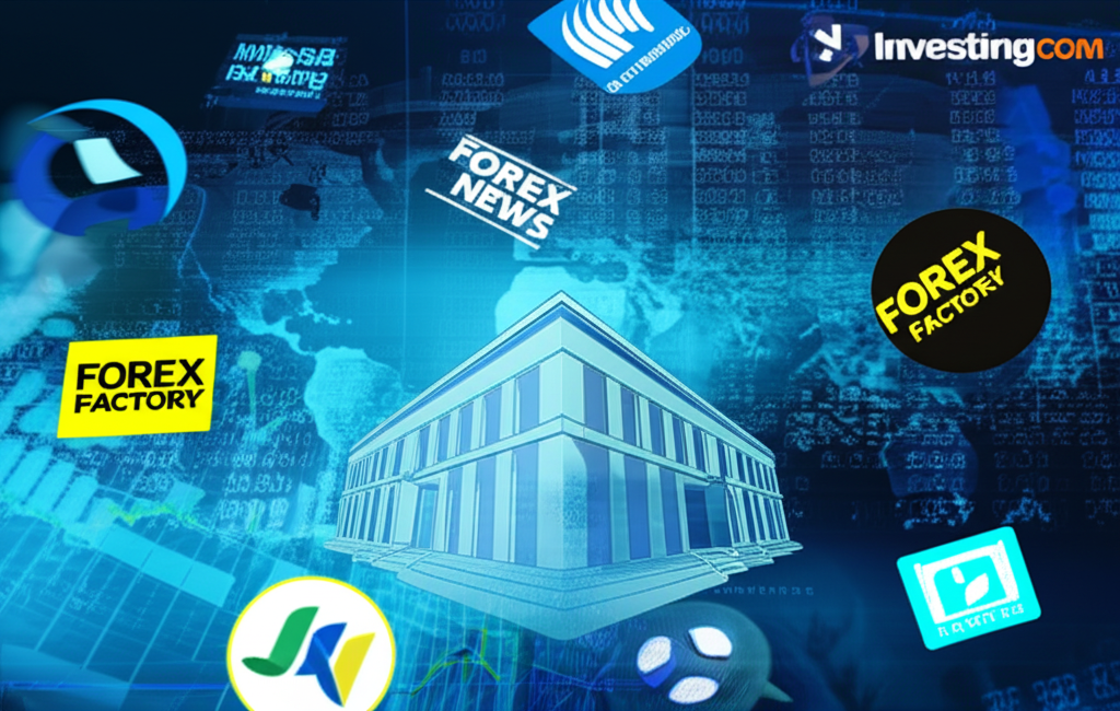 ภาพประกอบรวมแพลตฟอร์มข่าวระดับโลกอย่าง Forex Factory และ Investing.com ร่วมกับโลโก้สื่อการเงินไทยและตึกธนาคารกลาง แสดงถึงแหล่งข่าวหลากหลาย