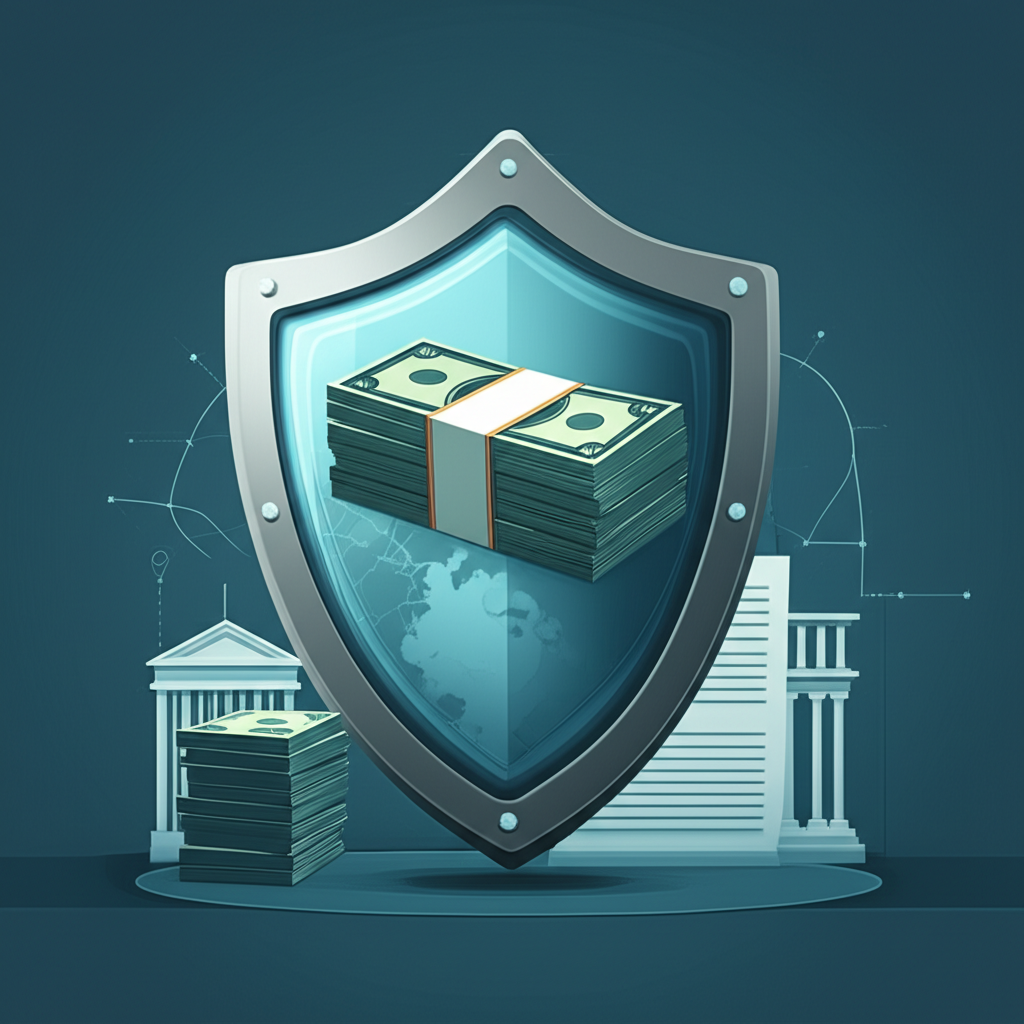 Illustration of international regulatory bodies protecting funds like a shield