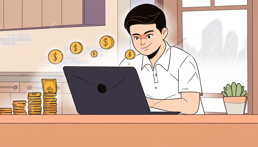 ภาพประกอบคนไทยยิ้มแย้มมองหน้าจอแล็ปท็อปพร้อมกราฟการเงินและสัญลักษณ์เงินเพิ่มขึ้นในบ้านสมัยใหม่