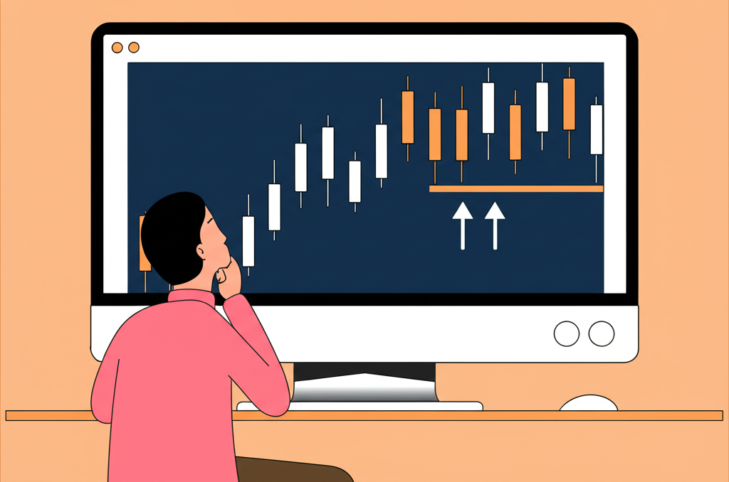 บุคคลกำลังวิเคราะห์กราฟแท่งเทียนแสดงแนวรับ แนวต้าน และการเคลื่อนไหวของราคา