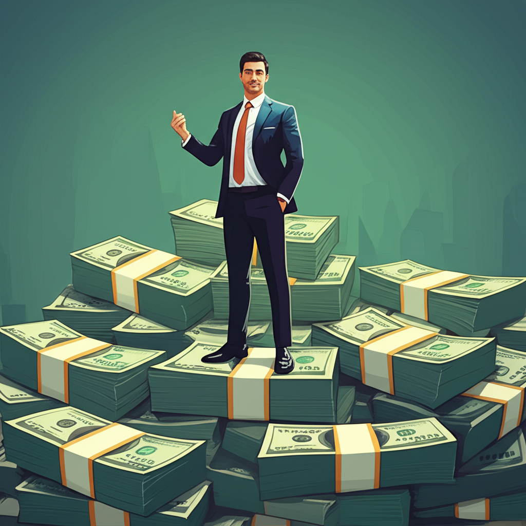 เทรดเดอร์ยืนอย่างมั่นใจบนกองเงินจำนวนมากที่เป็นตัวแทนของโอกาสการเทรดฟอเร็กซ์ที่ได้รับทุน