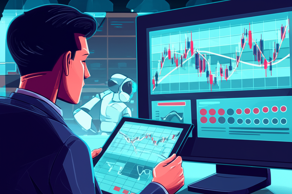 illustration of a Thai investor looking at a forex chart with a robot trading automatically 24/5