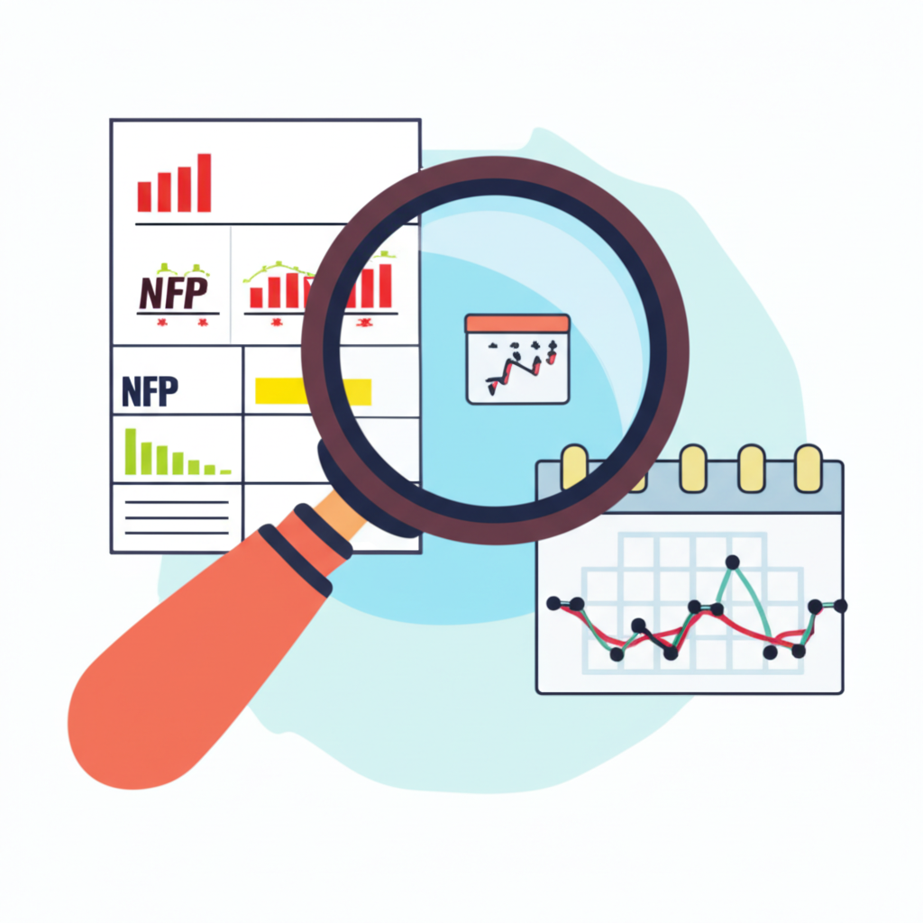 ภาพประกอบแว่นขยายครอบคลุมกราฟข้อมูลเศรษฐกิจแสดงตัวเลข CPI NFP และ GDP พร้อมไอคอนปฏิทิน แสดงถึงการตีความและข้อมูลเชิงลึก