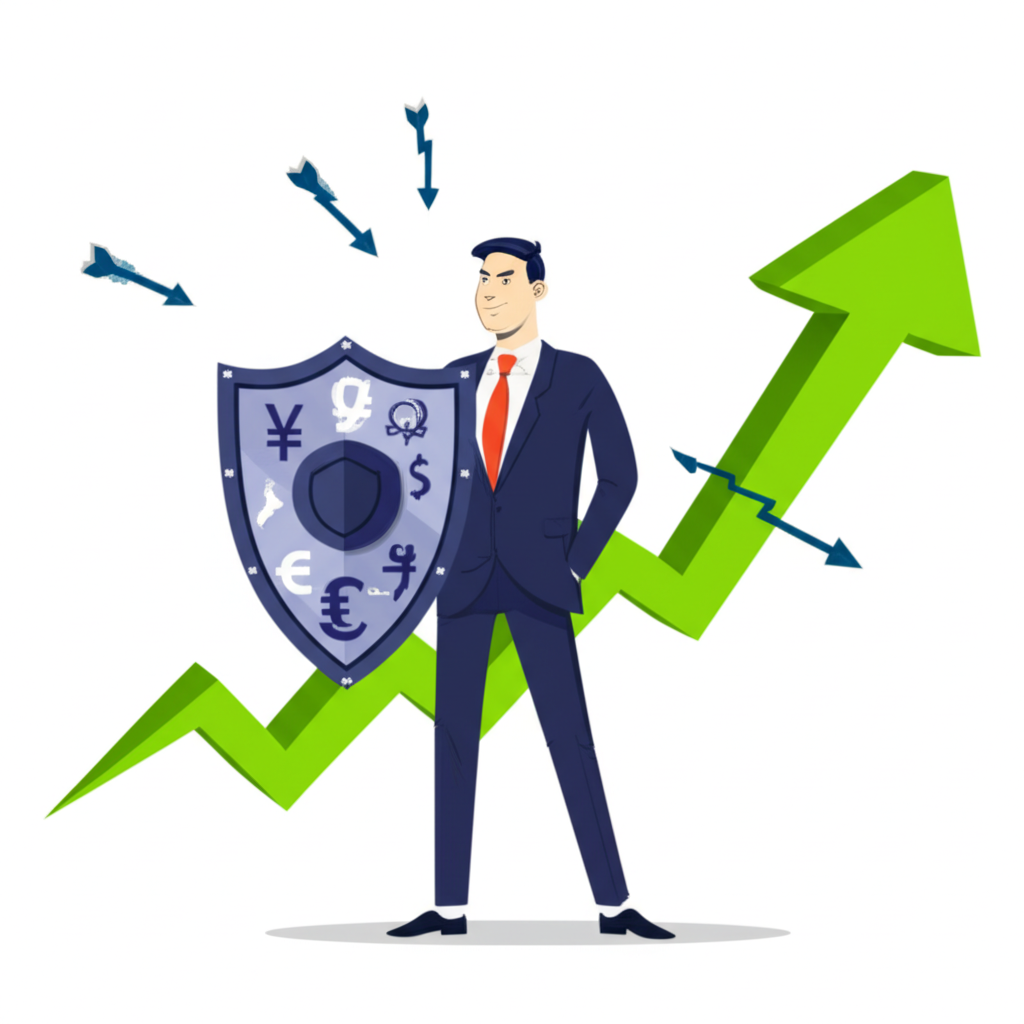 ภาพประกอบของนักเทรดที่มั่นใจพร้อมโล่ป้องกันความเสี่ยงจากตลาดและกราฟกำไรที่กำลังพุ่งขึ้น