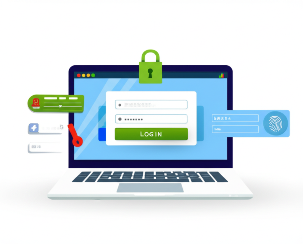 ภาพประกอบผู้ใช้กำลังล็อกอินอย่างปลอดภัยลงแพลตฟอร์มเทรดบนแล็ปท็อปพร้อมไอคอนกุญแจและสัญลักษณ์การยืนยันสองขั้นตอน