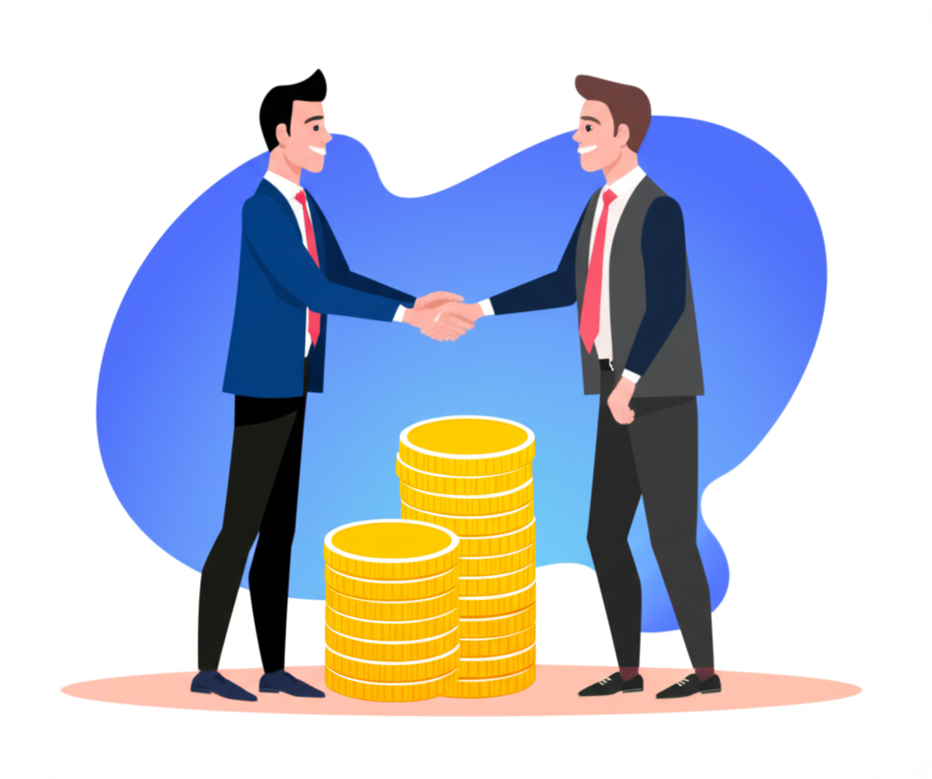 ภาพประกอบเทรดเดอร์รับเงินทุนเสมือนจำนวนมากจาก Prop Firm พร้อมสัญลักษณ์การจับมือแสดงถึงความร่วมมือ