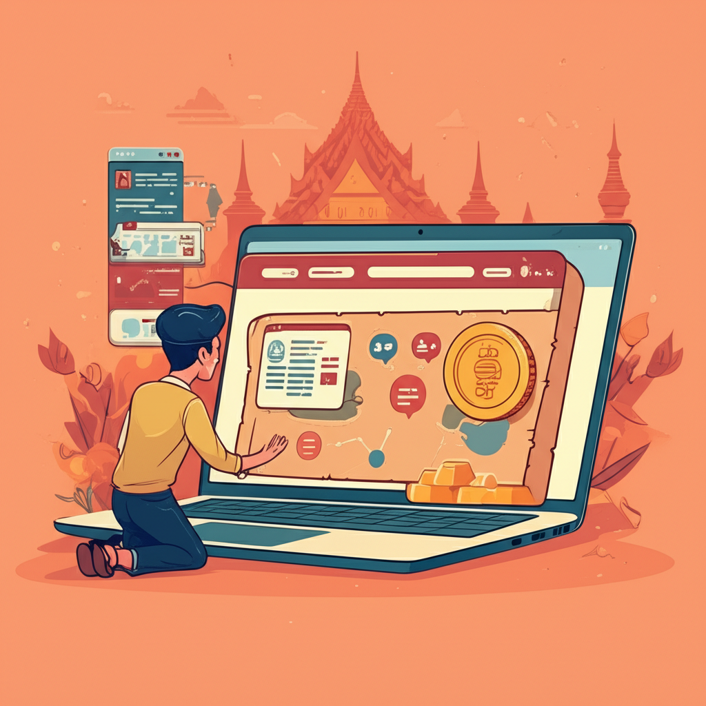 Thai trader discovering Forex Factory as a treasure map for gold XAUUSD trading with economic calendar, news, and forum icons