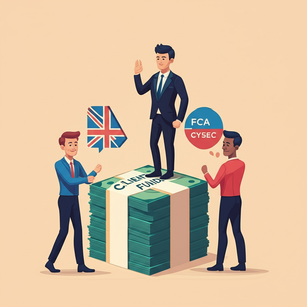 ภาพประกอบหน่วยงานกำกับดูแลทางการเงิน เช่น สำนักงานกำกับดูแลการเงินแห่งสหราชอาณาจักร สำนักงานคณะกรรมการกำกับหลักทรัพย์และการลงทุนของออสเตรเลีย และคณะกรรมการกำกับดูแลหลักทรัพย์และตลาดหลักทรัพย์ไซปรัส ที่ปกป้องกองเงินทุนของลูกค้า