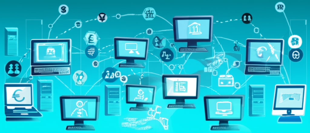 ภาพตลาดโลกแบบกระจายศูนย์ที่เชื่อมโยงคอมพิวเตอร์ ธนาคาร และนักลงทุนรายย่อยในการแลกเปลี่ยนสกุลเงิน