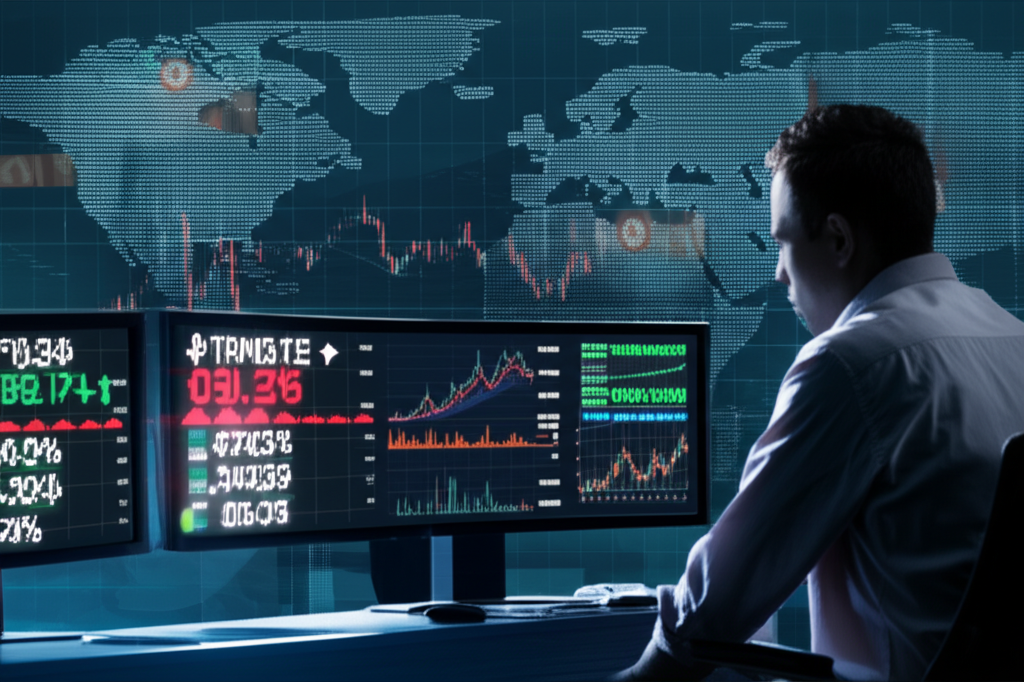 ภาพประกอบเทรดเดอร์กำลังวิเคราะห์กราฟสกุลเงินพร้อมพื้นหลังข่าวเศรษฐกิจระดับโลก