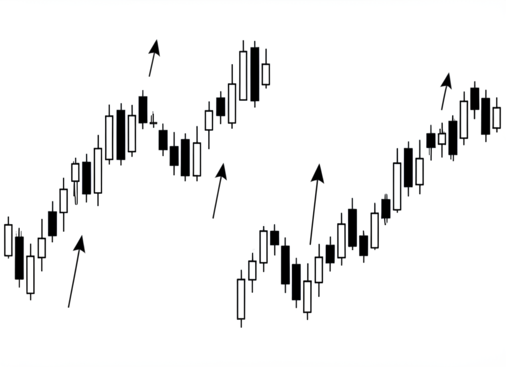 ภาพประกอบกราฟเส้นและกราฟแท่งเทียนแสดงการเคลื่อนไหวของสกุลเงินพร้อมลูกศรบ่งแนวโน้ม