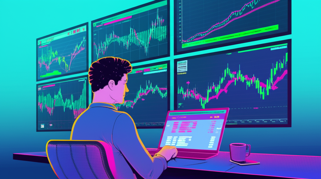 Illustration of a trader looking at multiple charts with arrows and data representing forex signals for buying and selling