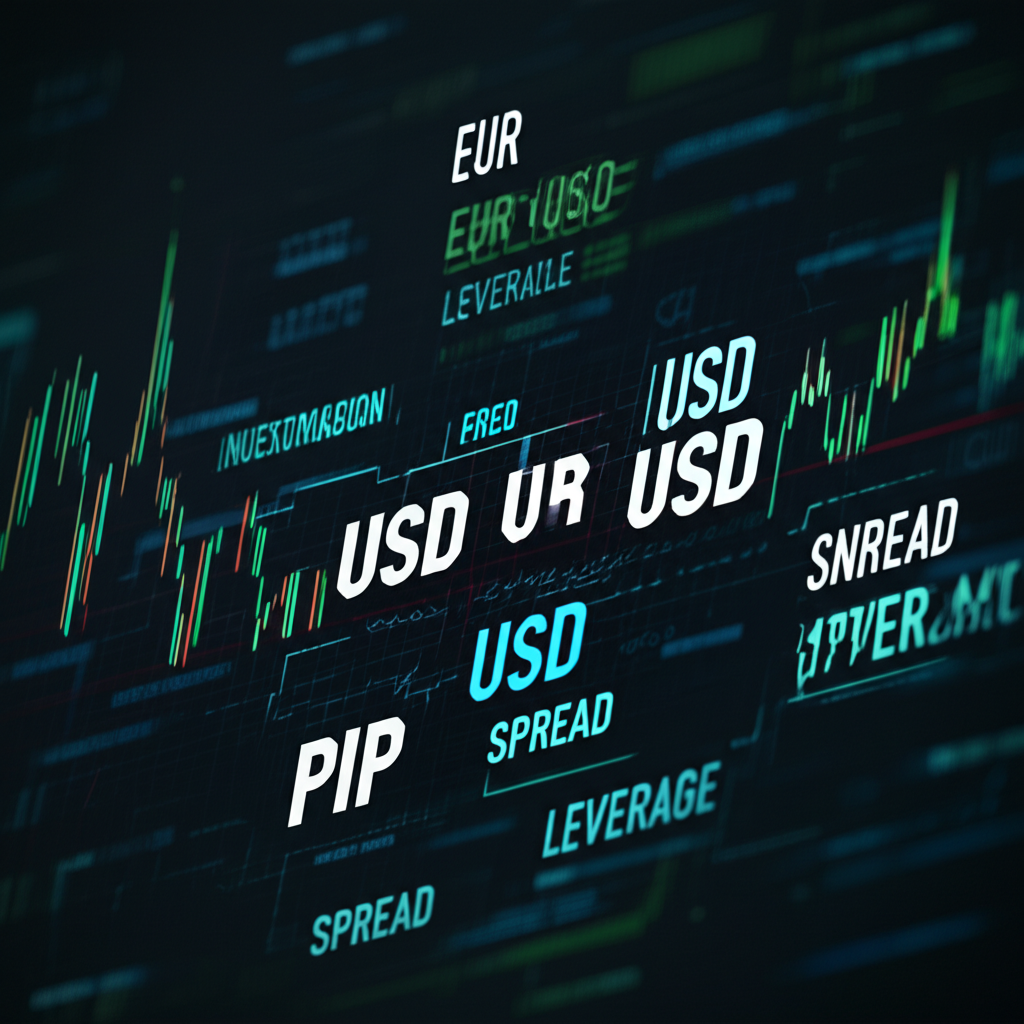 ภาพประกอบของคู่สกุลเงินต่างๆ เช่น EUR/USD USD/JPY และคำศัพท์เทรดสำคัญอย่าง pip spread leverage ในรูปแบบข้อความ