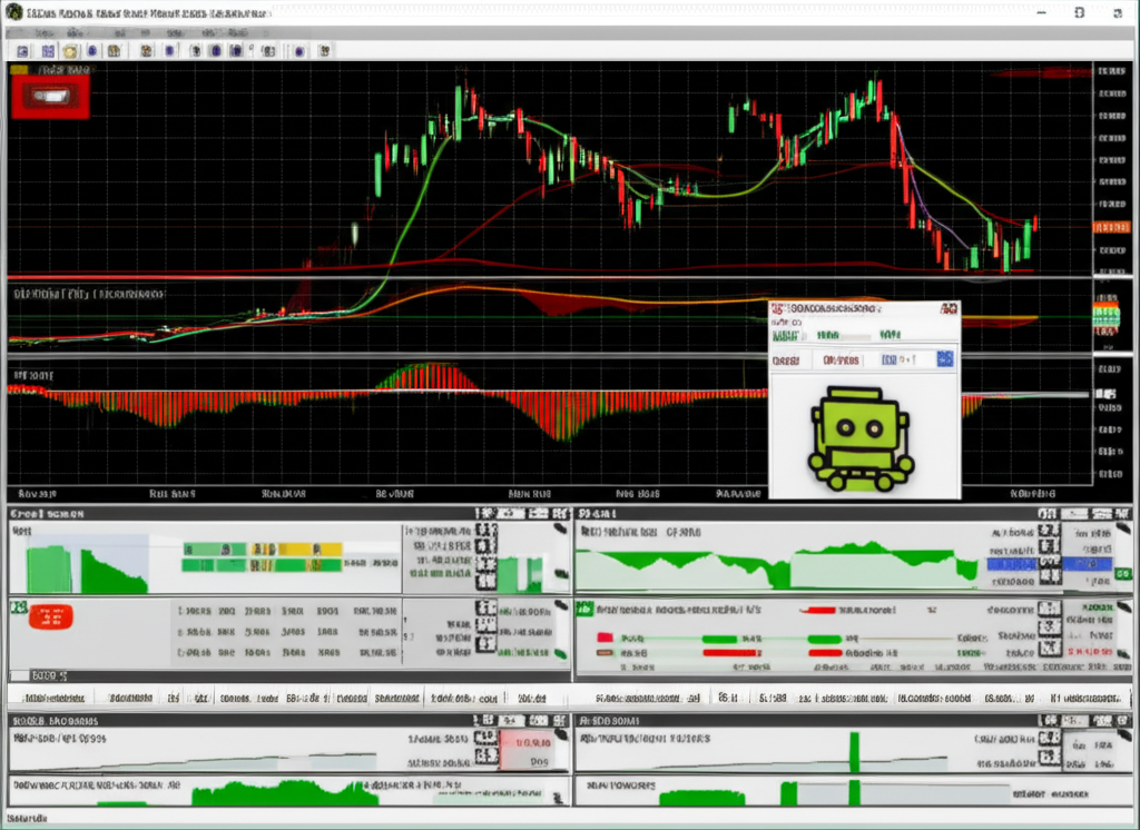 illustration of a computer screen showing Forex Tester software with various charts indicators and an EA robot