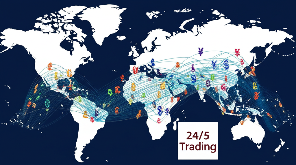 ภาพประกอบเครือข่ายการเงินระดับโลกกับสัญลักษณ์สกุลเงินไหลเวียนรอบแผนที่โลกแสดงการซื้อขาย 24 ชั่วโมง 5 วันต่อสัปดาห์